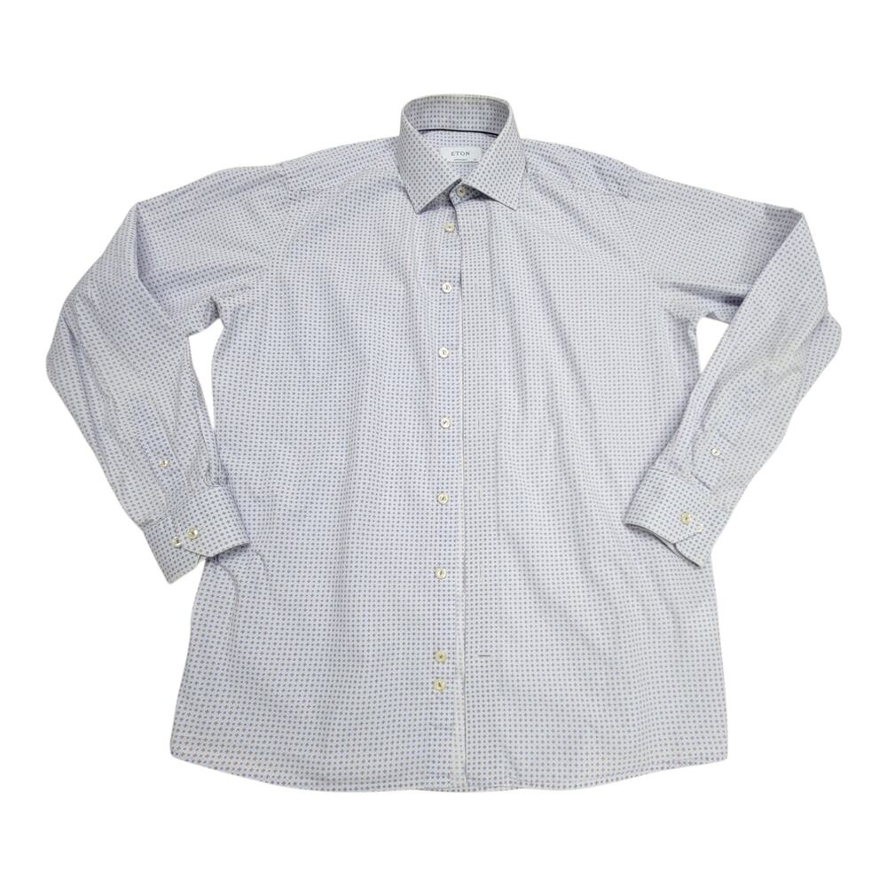 Eton Contemporary Fit Shirt Mens 16.5 42 Blue Tan Geometric Long Sleeve READ